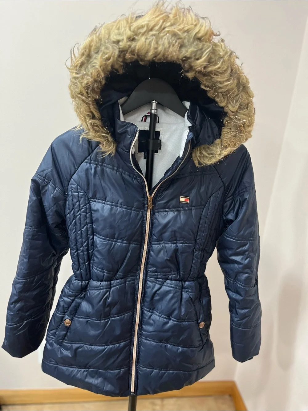 Tommy Hilfiger Navy Quilted Puffer with Faux Fur Hood Trim